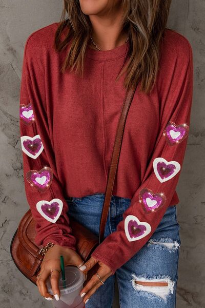 Blue Zone Planet | Heart Sequin Round Neck Long Sleeve T-Shirt BLUE ZONE PLANET