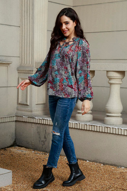 Tie Neck Heathered Balloon Sleeve Blouse BLUE ZONE PLANET
