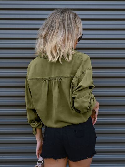 Blue Zone Planet | Drawstring Pocketed Button Up Denim Top BLUE ZONE PLANET