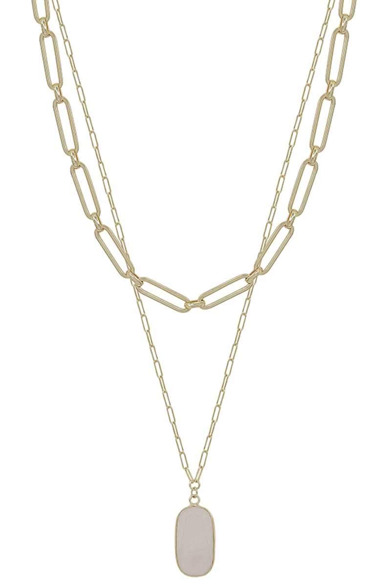 2 Layered Metal Chain Stone Pendant Necklace Blue Zone Planet