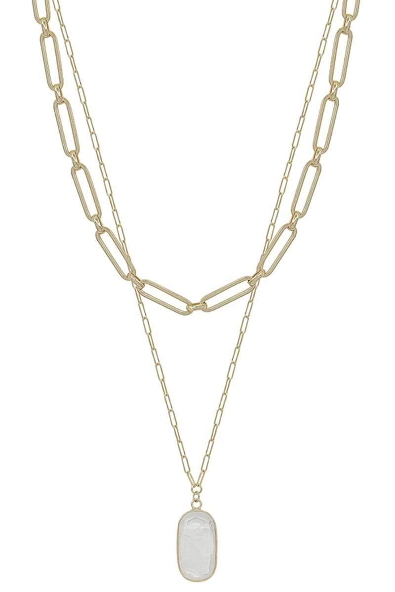 2 Layered Metal Chain Stone Pendant Necklace Blue Zone Planet