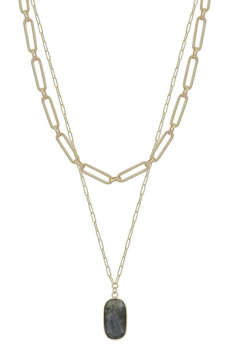 2 Layered Metal Chain Stone Pendant Necklace Blue Zone Planet