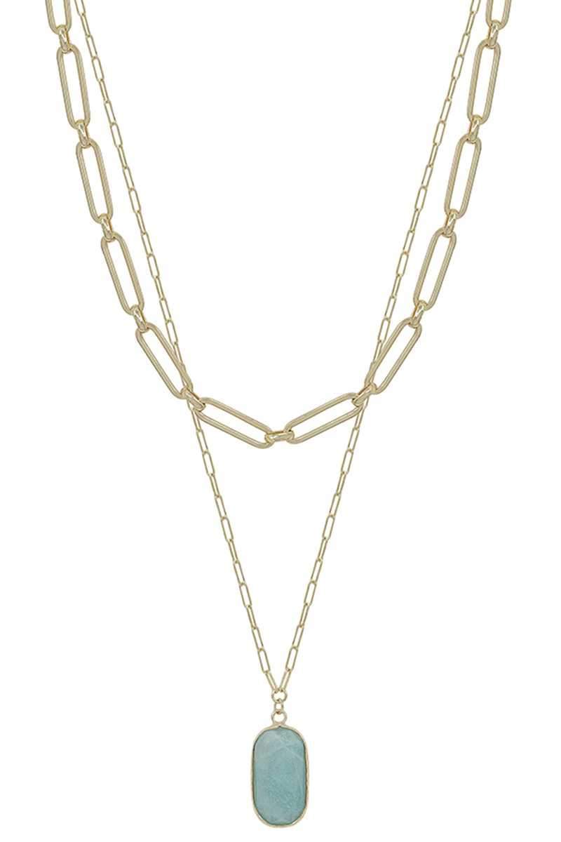 2 Layered Metal Chain Stone Pendant Necklace Blue Zone Planet