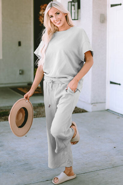 Double Take Full Size Texture Short Sleeve Top and Pants Set BLUE ZONE PLANET