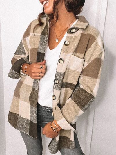 Blue Zone Planet | Plaid Pocketed Dropped Shoulder Button Up Jacket BLUE ZONE PLANET