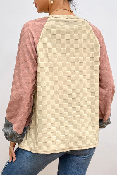 Blue Zone Planet | Checkered Contrast Round Neck Long Sleeve T-Shirt BLUE ZONE PLANET