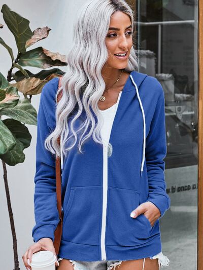 Drawstring Zip Up Hooded Jacket BLUE ZONE PLANET