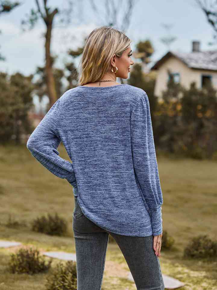 Round Neck Long Sleeve Buttoned T-Shirt BLUE ZONE PLANET