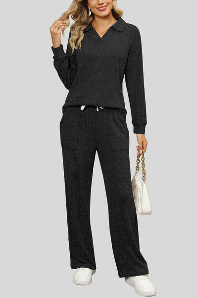 Blue Zone Planet | Ribbed Long Sleeve Top and Pocketed Pants Set BLUE ZONE PLANET