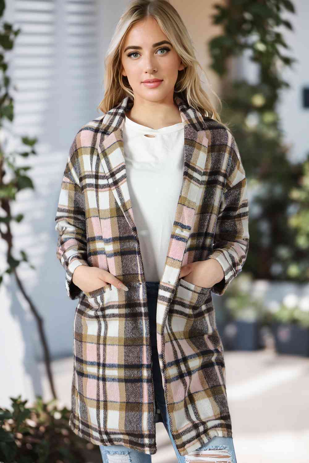 Plaid Longline Jacket with Pockets BLUE ZONE PLANET