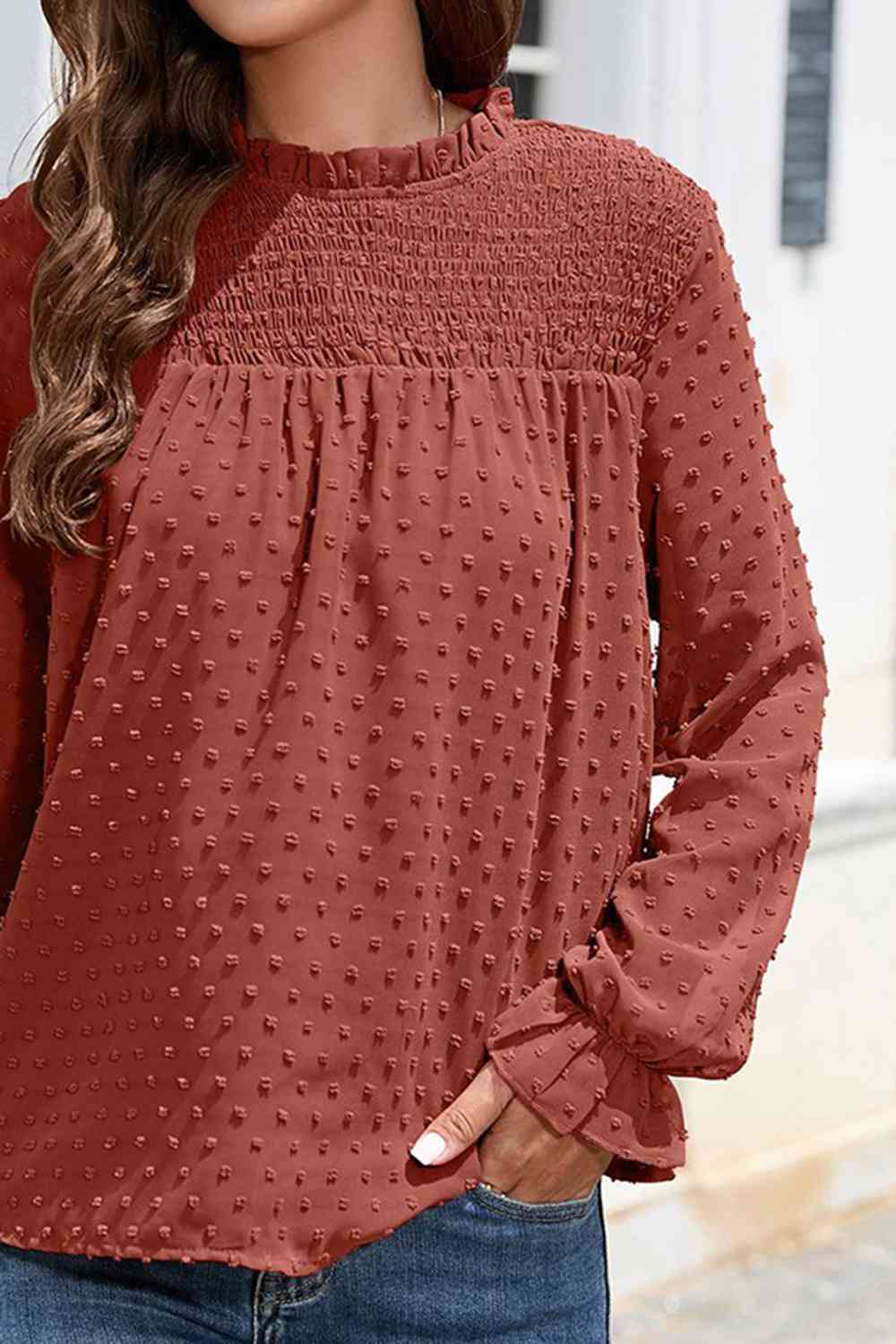 Smocked Mock Neck Swiss Dot Top BLUE ZONE PLANET