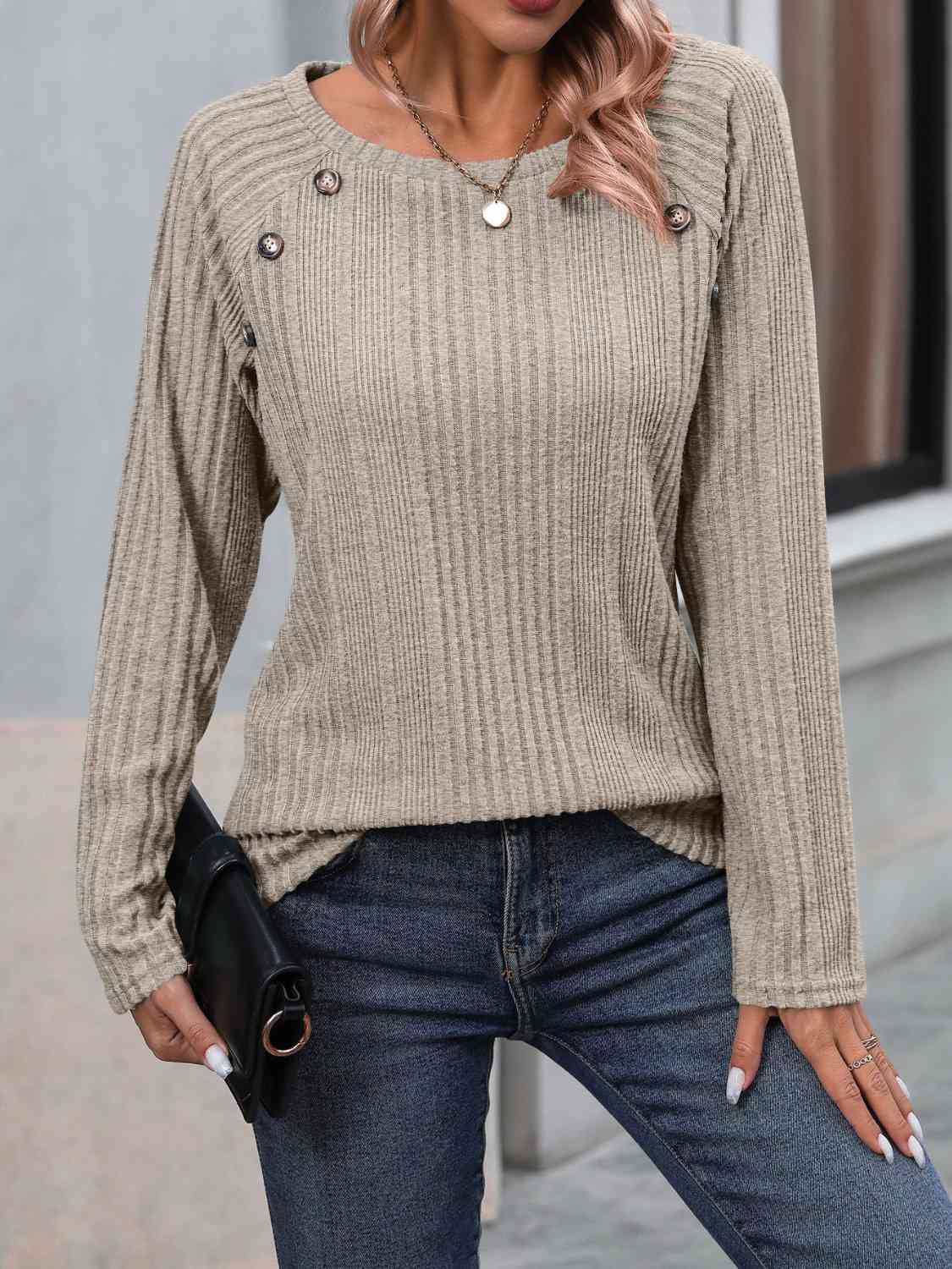 Ribbed Buttoned Round Neck Long Sleeve T-Shirt BLUE ZONE PLANET