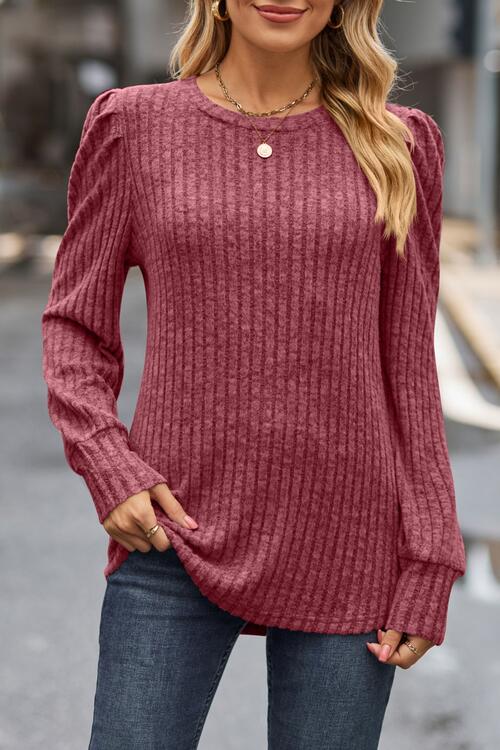 Ribbed Round Neck Long Sleeve Knit Top BLUE ZONE PLANET