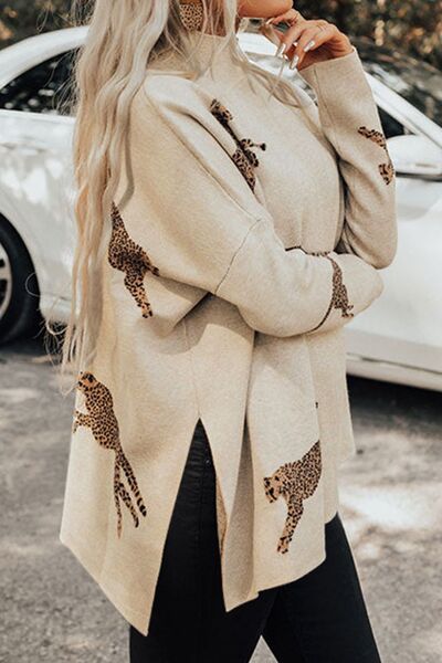 Blue Zone Planet | Animal Pattern Mock Neck Long Sleeve Slit Sweater BLUE ZONE PLANET