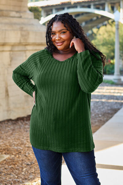 Basic Bae Full Size Ribbed Round Neck Long Sleeve Knit Top BLUE ZONE PLANET