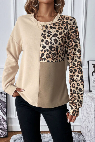Blue Zone Planet |  Leopard Waffle Knit Long Sleeve T-Shirt BLUE ZONE PLANET