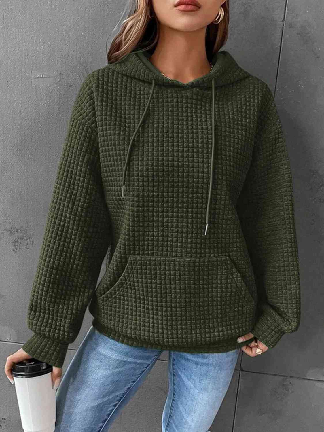 Blue Zone Planet | Textured Drawstring Drop Shoulder Hoodie BLUE ZONE PLANET