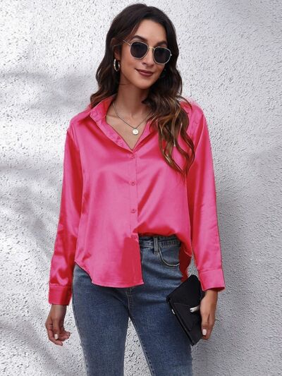Button Up Collared Neck Long Sleeve Shirt BLUE ZONE PLANET