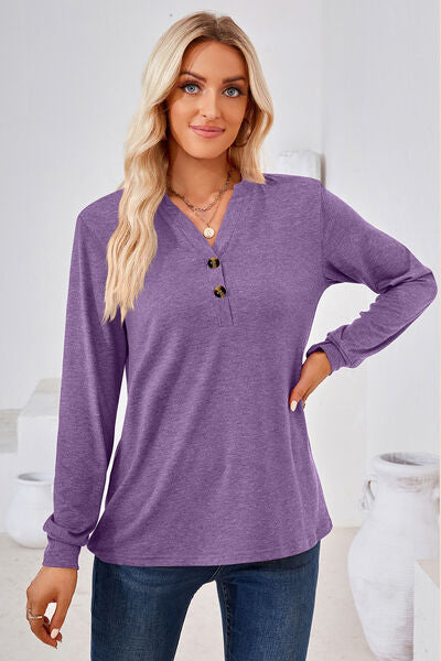 Notched Button Detail Long Sleeve T-Shirt Trendsi