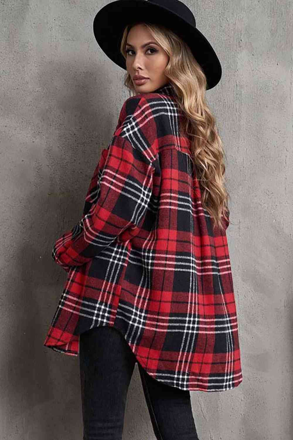 Plaid Collared Neck Button Up Jacket with Pockets BLUE ZONE PLANET