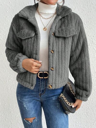 Blue Zone Planet | Fuzzy Button Up Collared Neck Jacket BLUE ZONE PLANET