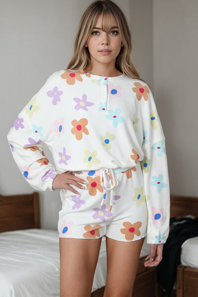 Blue Zone Planet | Printed Quarter Button Top and Drawstring Shorts Lounge Set BLUE ZONE PLANET