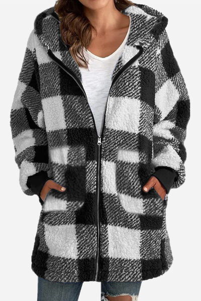 Blue Zone Planet | Double Take Full Size Plaid Long Sleeve Hooded Coat BLUE ZONE PLANET