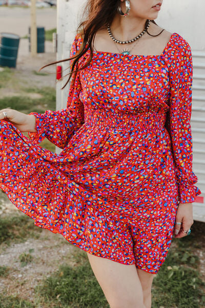 Printed Smocked Flounce Sleeve Dress Trendsi