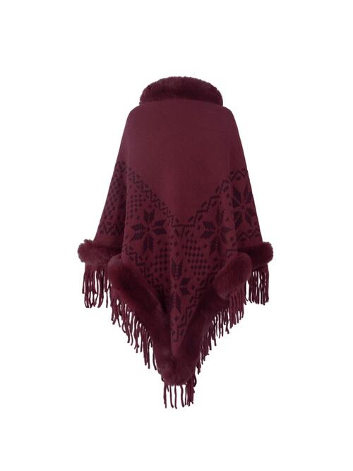 Fringe Geometric Cape Sleeve Poncho BLUE ZONE PLANET
