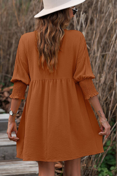 Blue Zone Planet | Round Neck Lantern Sleeve Mini Dress BLUE ZONE PLANET
