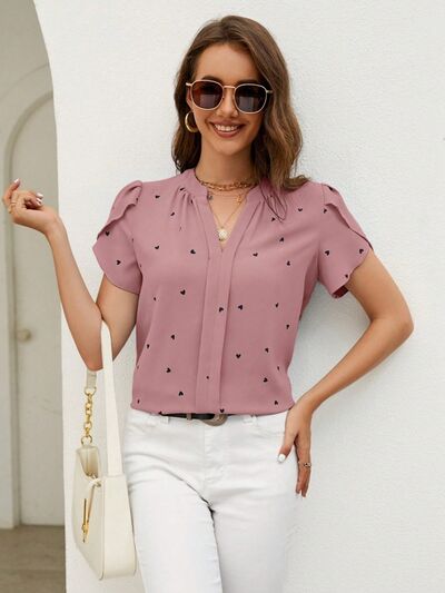 Blue Zone Planet | Heart Print Notched Petal Sleeve Blouse BLUE ZONE PLANET