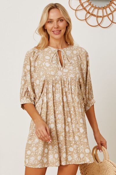 Blue Zone Planet | Floral Tie Neck Ruched Babydoll Dress BLUE ZONE PLANET