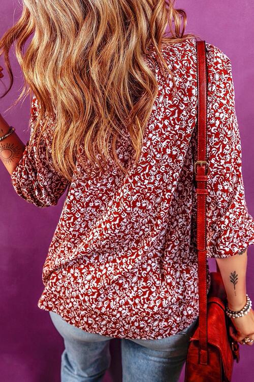 Printed Tie Neck Ballon Sleeve Blouse BLUE ZONE PLANET