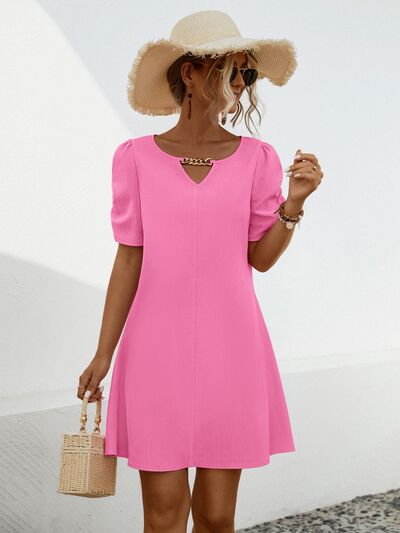 Blue Zone Planet | Chain Notched Short Sleeve Dress BLUE ZONE PLANET