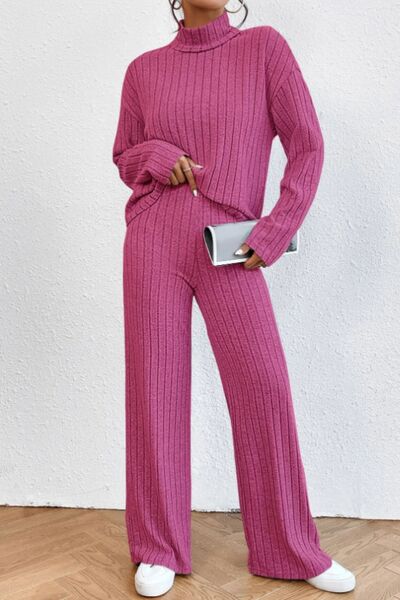 Blue Zone Planet | Mock Neck Dropped Shoulder Top and Pants Set BLUE ZONE PLANET