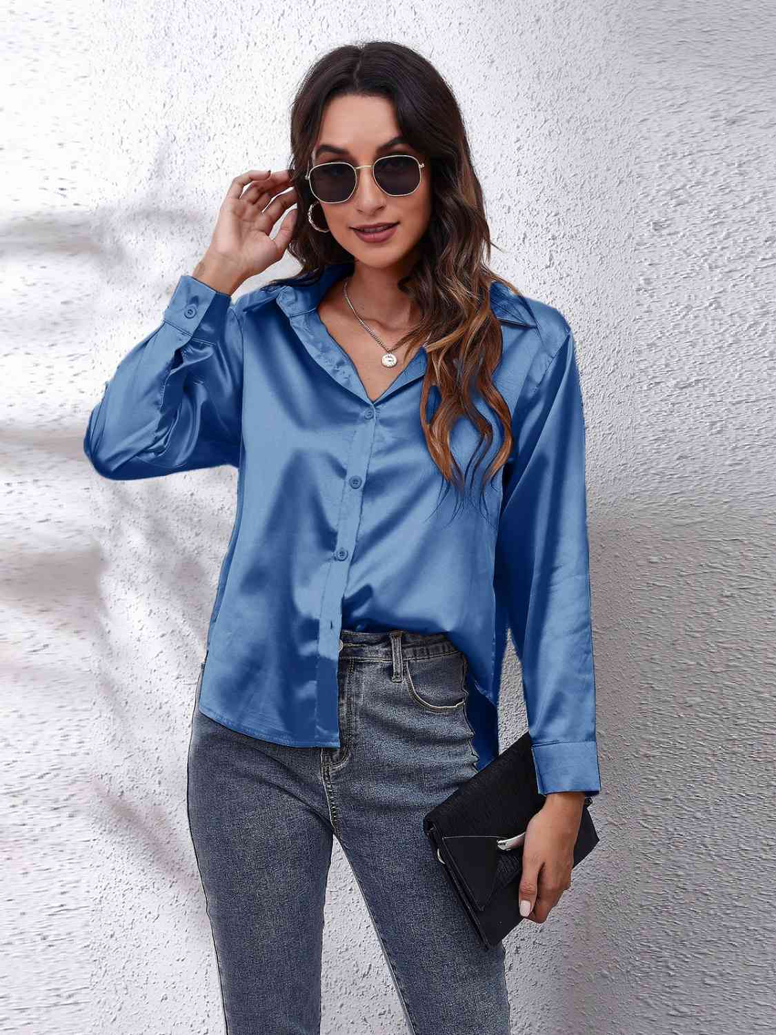 Collared Neck Buttoned Long Sleeve Shirt BLUE ZONE PLANET