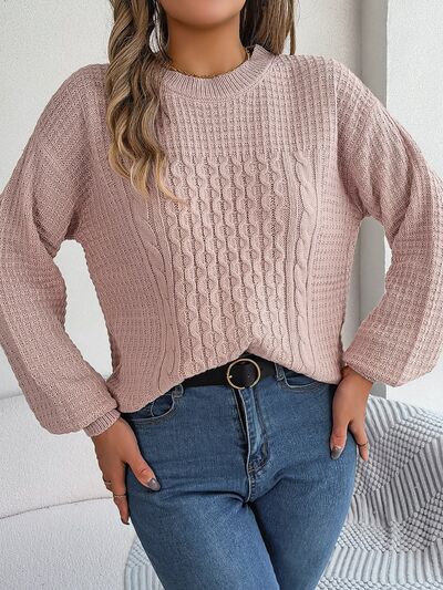 Blue Zone Planet | Cable-Knit Round Neck Long Sleeve Sweater BLUE ZONE PLANET