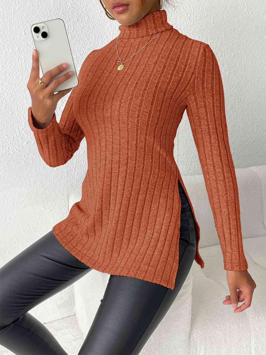Ribbed Turtleneck Long Sleeve Slit T-Shirt BLUE ZONE PLANET