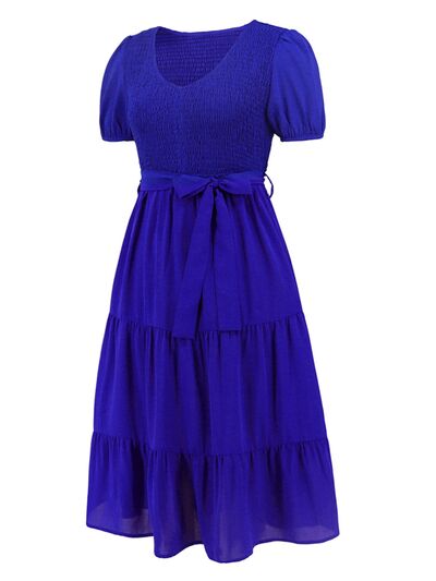 Blue Zone Planet | Smocked Tie Front Short Sleeve Tiered Dress BLUE ZONE PLANET