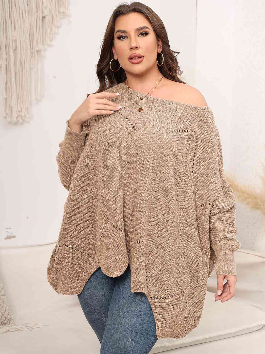 Plus Size Round Neck Batwing Sleeve Sweater BLUE ZONE PLANET