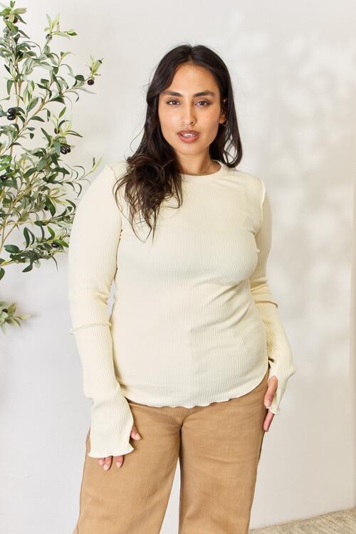 Culture Code Full Size Ribbed Round Neck Long Sleeve Top BLUE ZONE PLANET