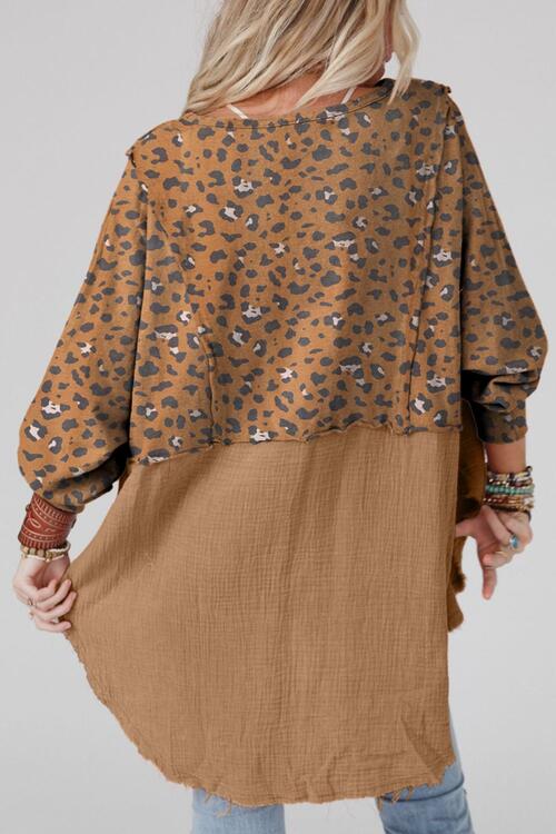 Blue Zone Planet | Textured Leopard Dropped Shoulder Blouse BLUE ZONE PLANET