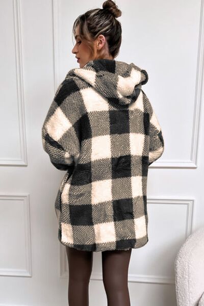 Blue Zone Planet | Double Take Full Size Plaid Long Sleeve Hooded Coat BLUE ZONE PLANET