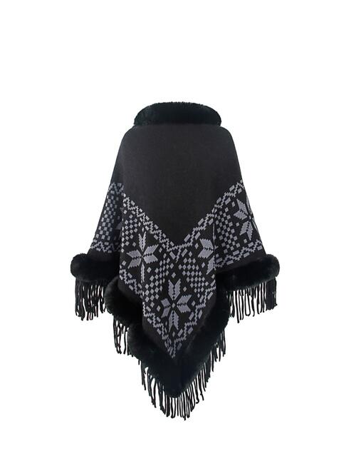 Fringe Geometric Cape Sleeve Poncho BLUE ZONE PLANET