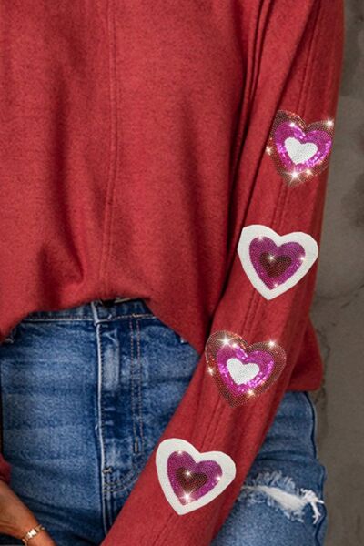 Blue Zone Planet | Heart Sequin Round Neck Long Sleeve T-Shirt BLUE ZONE PLANET