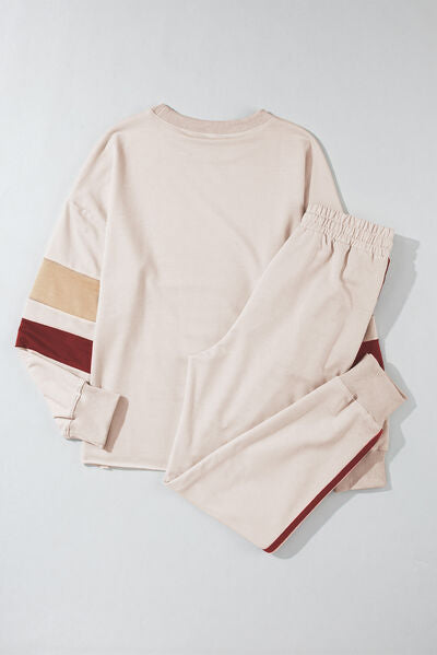 Blue Zone Planet | Striped Round Neck Sweatshirt and Drawstring Joggers Set BLUE ZONE PLANET