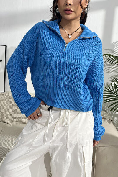 Blue Zone Planet | Quarter Zip Dropped Shoulder Sweater BLUE ZONE PLANET
