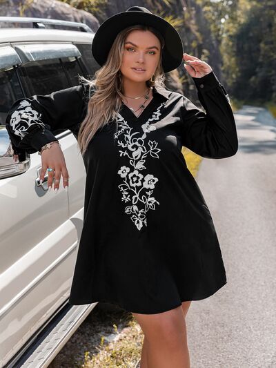 Plus Size Embroidered Long Sleeve Mini Dress Trendsi