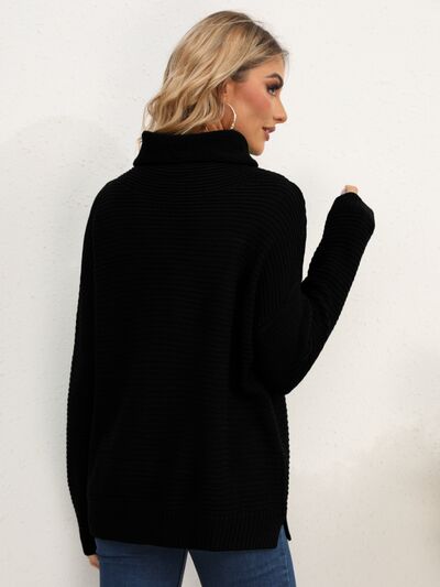 Slit Turtleneck Dropped Shoulder Sweater Trendsi