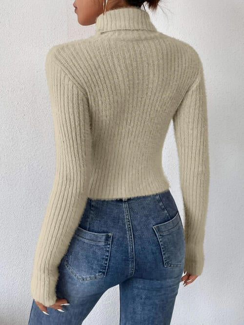 Ribbed Turtleneck Long Sleeve Sweater BLUE ZONE PLANET